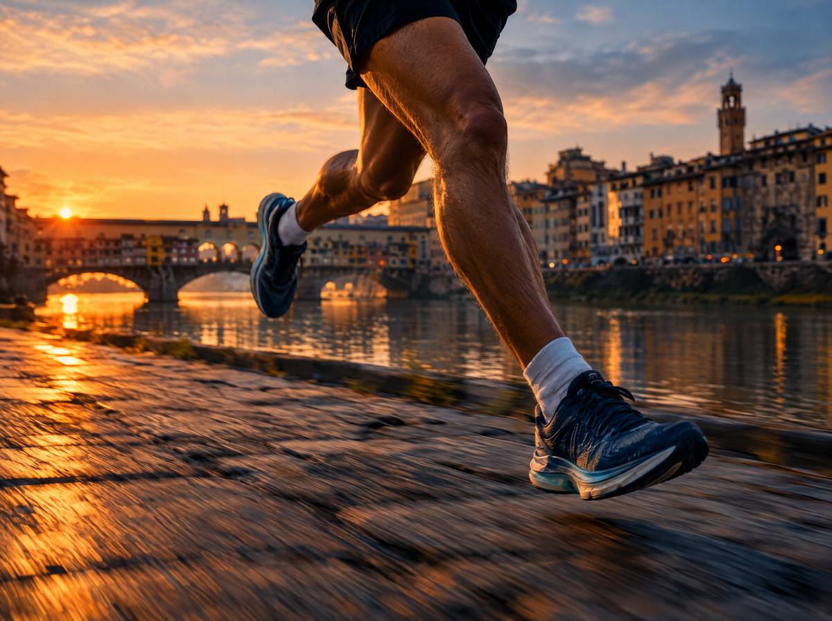 Corsa lungo l’Arno al tramonto con vista su Ponte Vecchio