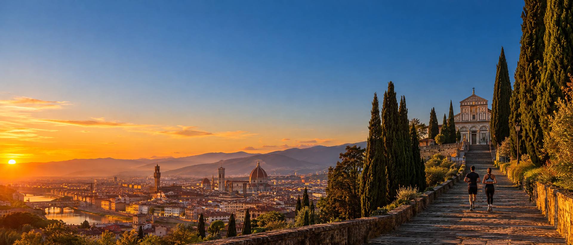 Personal trainer e cliente salgono di corsa verso San Miniato al Monte, sopra Firenze