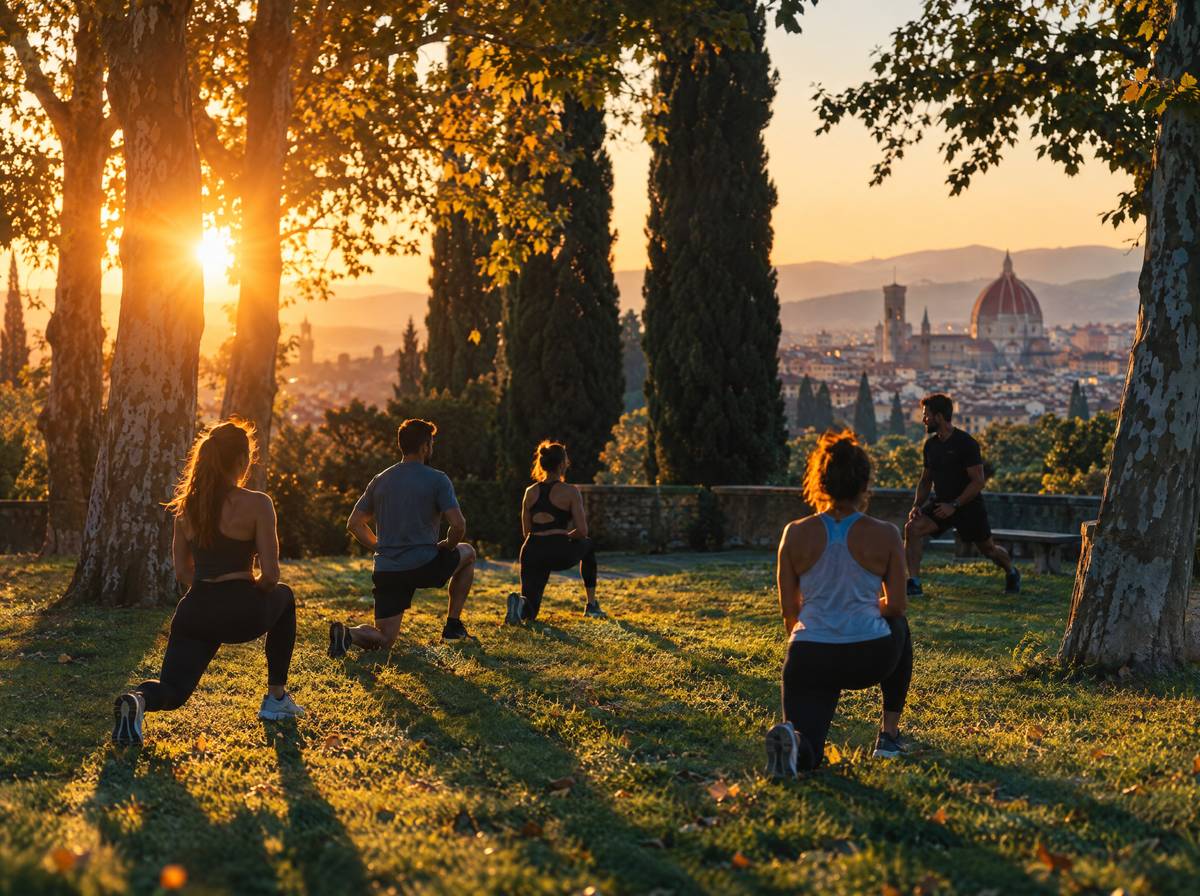 Allenamento di gruppo al parco a Firenze al tramonto